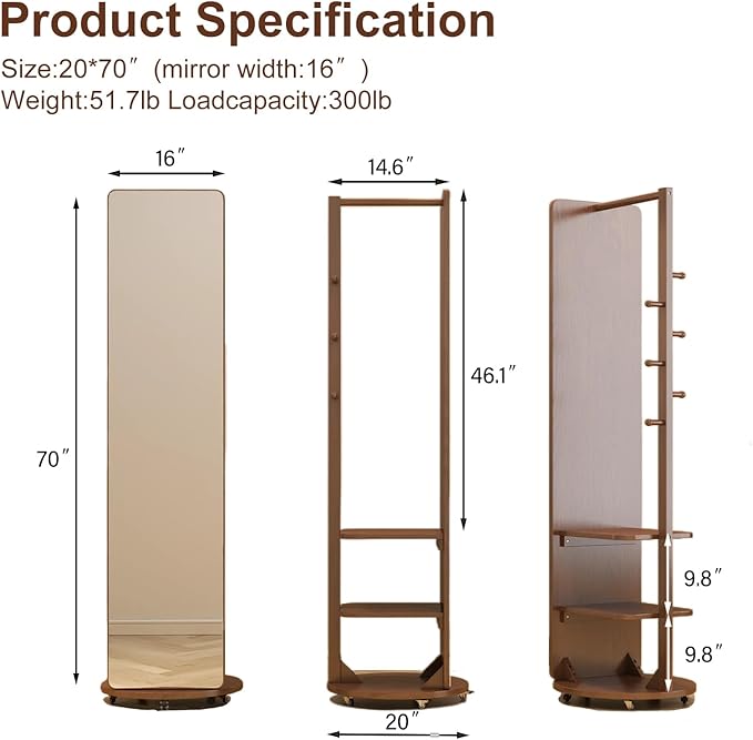 Muwuele Solid Wood Full Length Mirror Coat Rack, Floor Mirror - Image 6