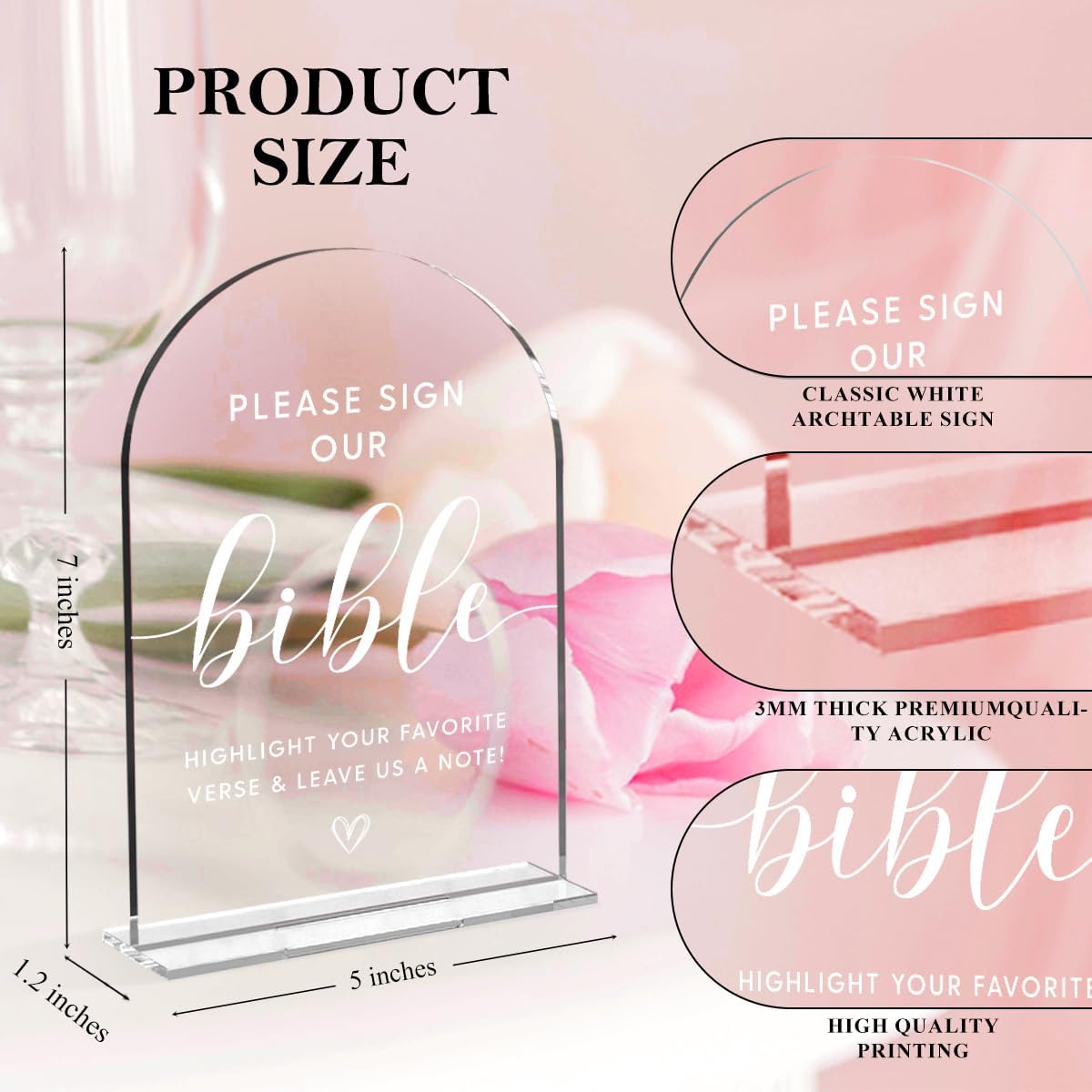 Wedding Decor，Bible Guestbook Sign,5 x 7 Inch Arch Acrylic Sign, Wedding Sign for Ceremony and Reception, Wedding Decorative Signage For Table Decor (White)