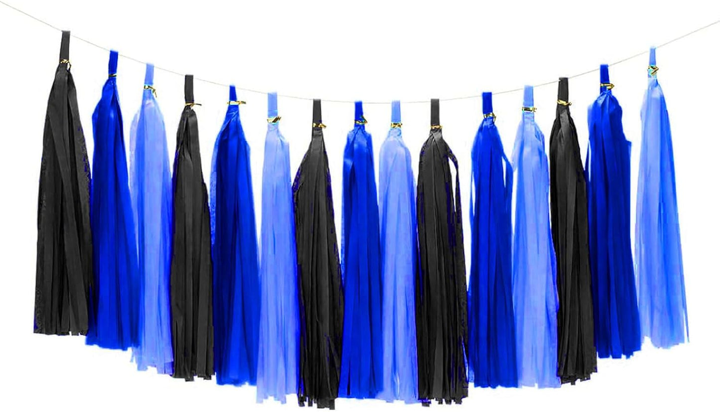 Dark Blue,Light Blue and Black Tassel Garland Banner Paper Tassels for Birthday Party Decorations,Pack of 15