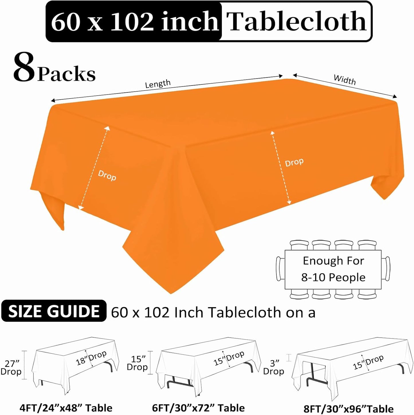 8 Pack Orange Tablecloth 60 x 102 Inch Rectangular Tablecloths for 6 Foot Rectangle Tables, Wrinkle Resistant Orange Table Cloth Washable Polyester Fabric for Buffet Wedding Party Banquet