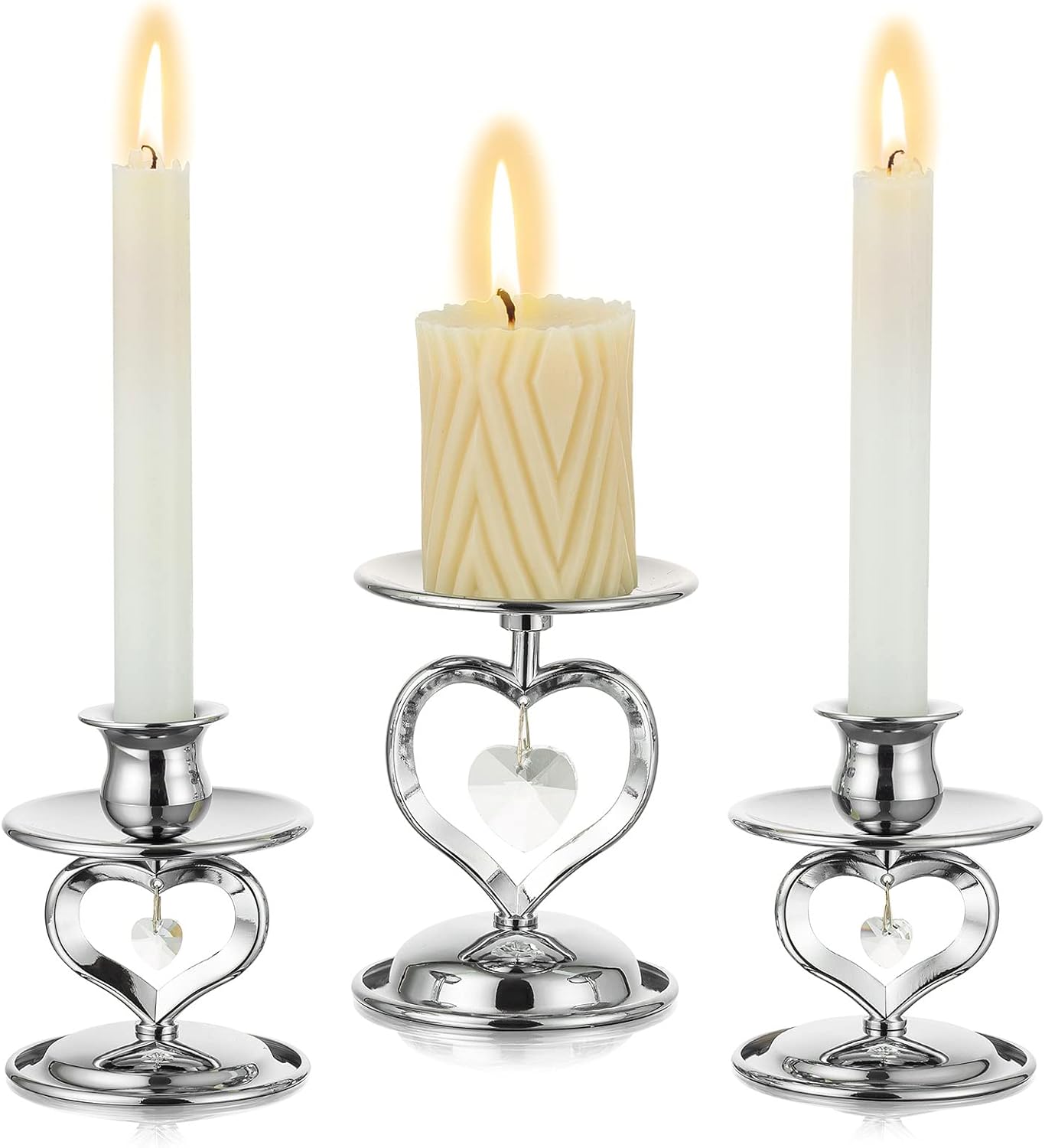 Nuptio Unity Candle Holder Silver Candlestick Holder for Pillar Taper Candles Metal Pillar Candle Holders Set of 3 Table Centerpiece for Wedding Anniversary Candlelight Dinner Decor