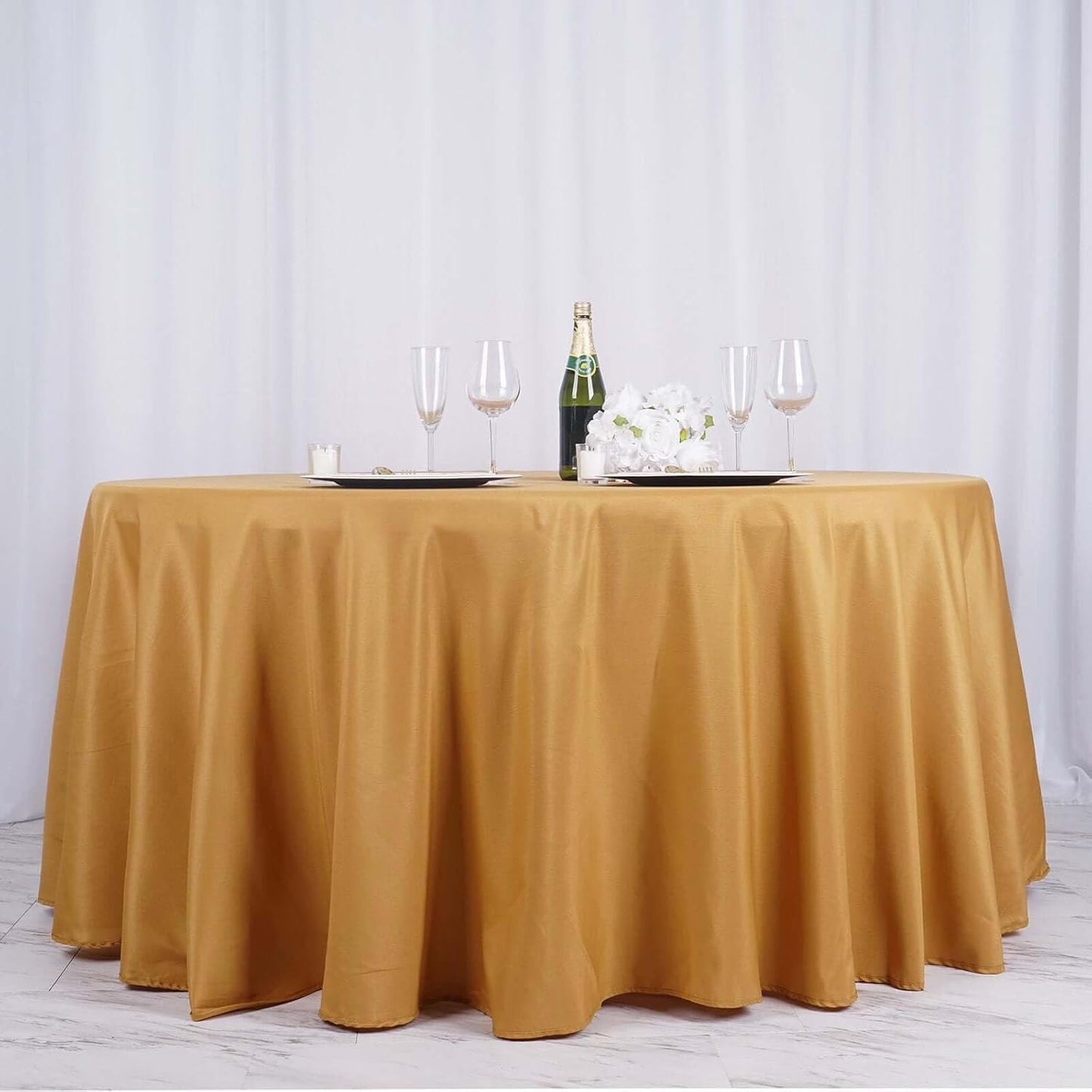 Efavormart Round Tablecloth, 132 Inch Stain & Wrinkle Resistant Washable Table Cloth, Decorative Polyester Fabric Table Cover for Banquet, Wedding, Dining- Gold
