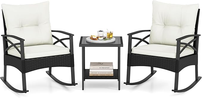 Tangkula 3 Pieces Outdoor Rocking Chairs Set, Rattan Heavy Duty Cushioned by TANGKULA