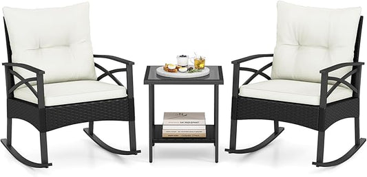 Tangkula 3 Pieces Outdoor Rocking Chairs Set, Rattan Heavy Duty Cushioned by TANGKULA
