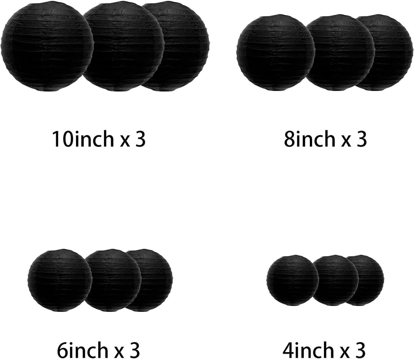 Black Paper Lanterns Decorative, Chinese/Japanese Hanging Round Paper Lanterns Decorations for Wedding, Bachelorette, Graduation, Halloween, Birthday (12 PCS)