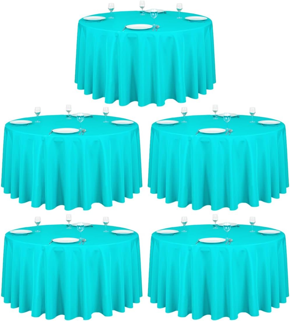 LTC LINENS 5 Pack 120 Inch Round Tablecloth Turquoise - Bulk for 60 Inch Round Table Floor Length - Washable, Wrinkle Resistant Polyester Fabric Cloth for Parties