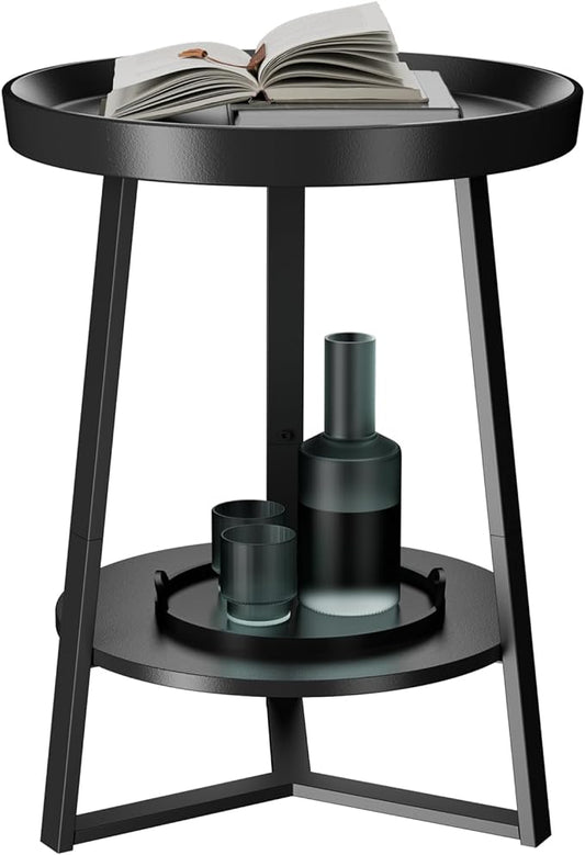 Gadroad Round End Table with Storage Shelf, 2 Tier Farmhouse Side Table by Gadroad