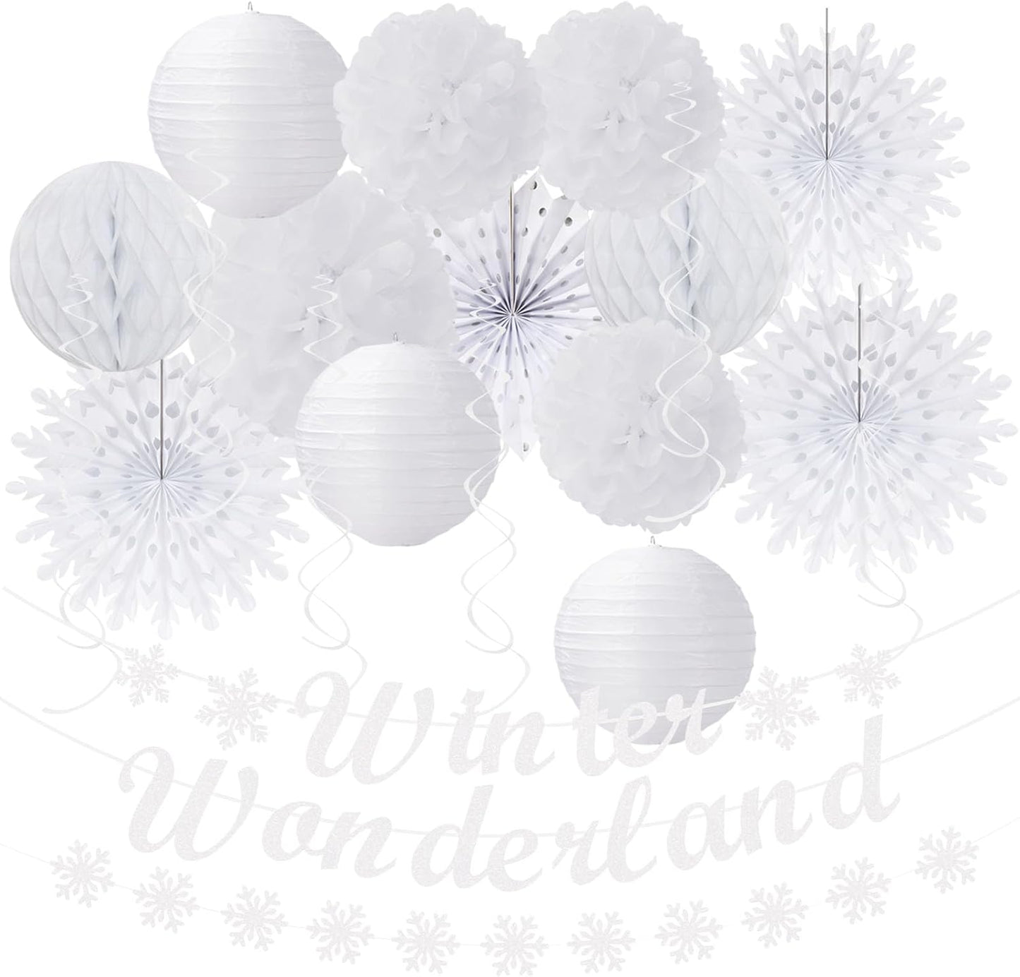 Winter-Wonderland Christmas-Snowflake White Party-Decorations - 21pcs Wedding Baby Shower Snow Banner,Paper Lanterns Honeycomb Streamers,Tissue Pom Poms Flower Fan,Classroom Hanging Decor Huglony