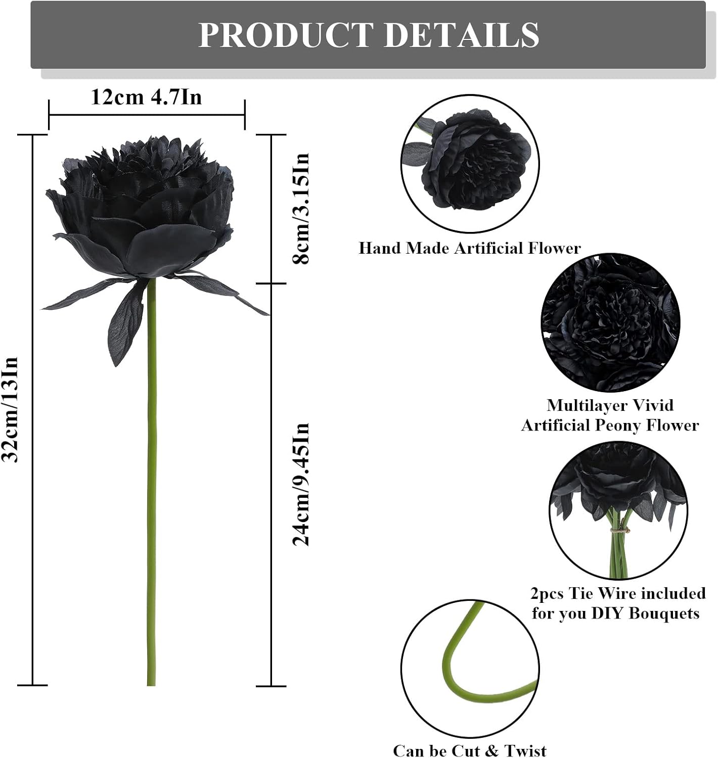 U'Artlines 10 Heads Artificial Peony Silk Flower Leaf Home Office Wedding Party Festival Bar Decor (Black)