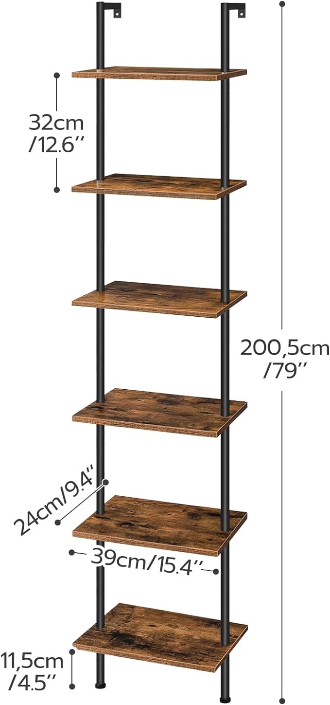 HOOBRO DIY Ladder Shelf, 6-Tier Wooden Wall Mounted Bookshelf, Narrow Bookcase - Image 3