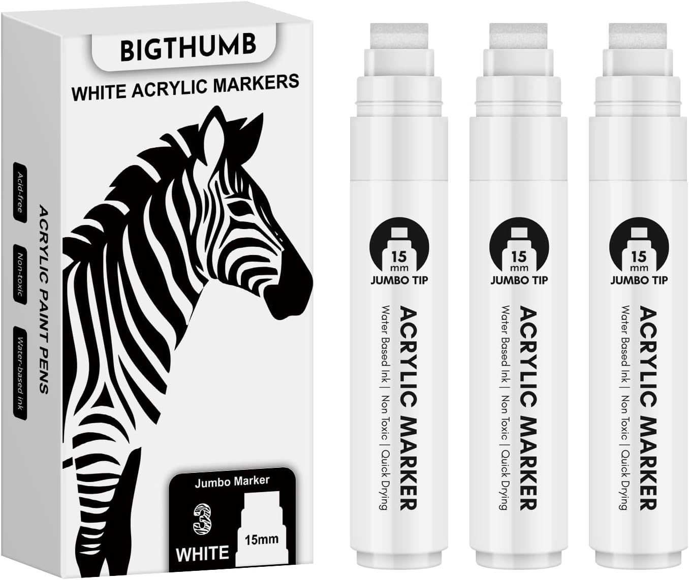 Thick White Jumbo Poster Markers: 3 Pcs 15mm Wide Tip Large Acrylic Paint Pens Big Permanent Markers Calligraphy Marker for Rock Painting, Sign, Canvas, Glass, Wood, Ceramic