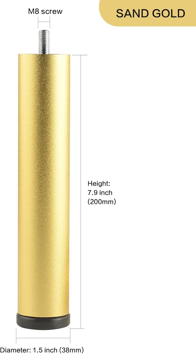 4 Pack 8 Inch Gold Furniture Legs Metal Adjustable Risers Cylinder Screw in M8 - Image 2