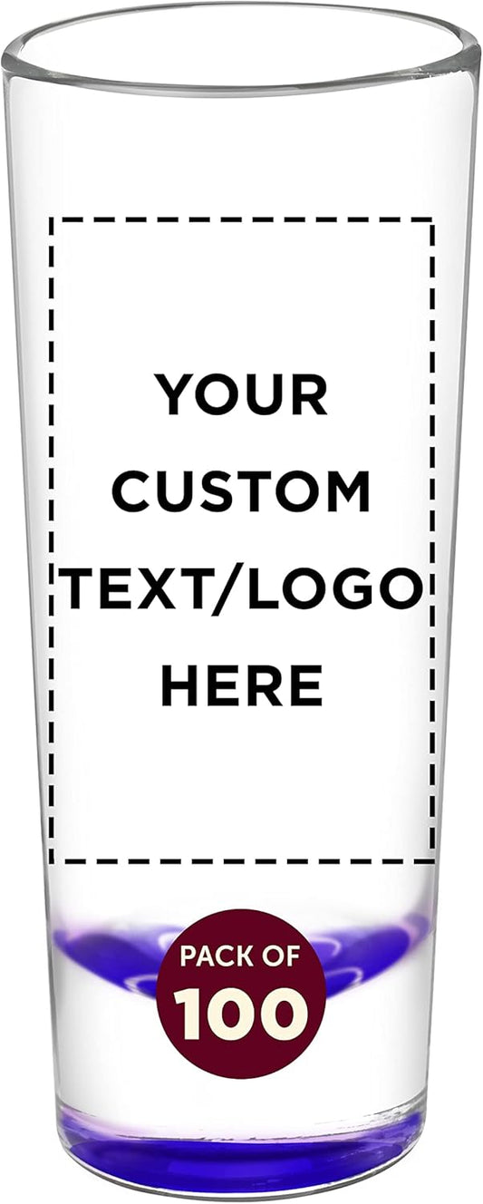 Custom Cordial Shooter Shot Glasses 2 oz. Set of 100, Personalized Bulk Pack - Great for Birthdays, Parties, Indoor & Outdoor Events - Purple