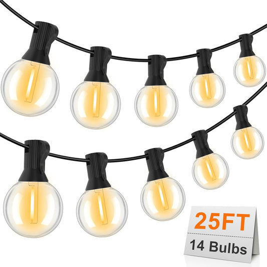 Outdoor String Lights, LED Patio Hanging Lights with Waterproof G40 Globe Plastic Bulbs for Outside Backyard Porch Garden Cafe Decor (25ft - 14 LED Bulbs)
