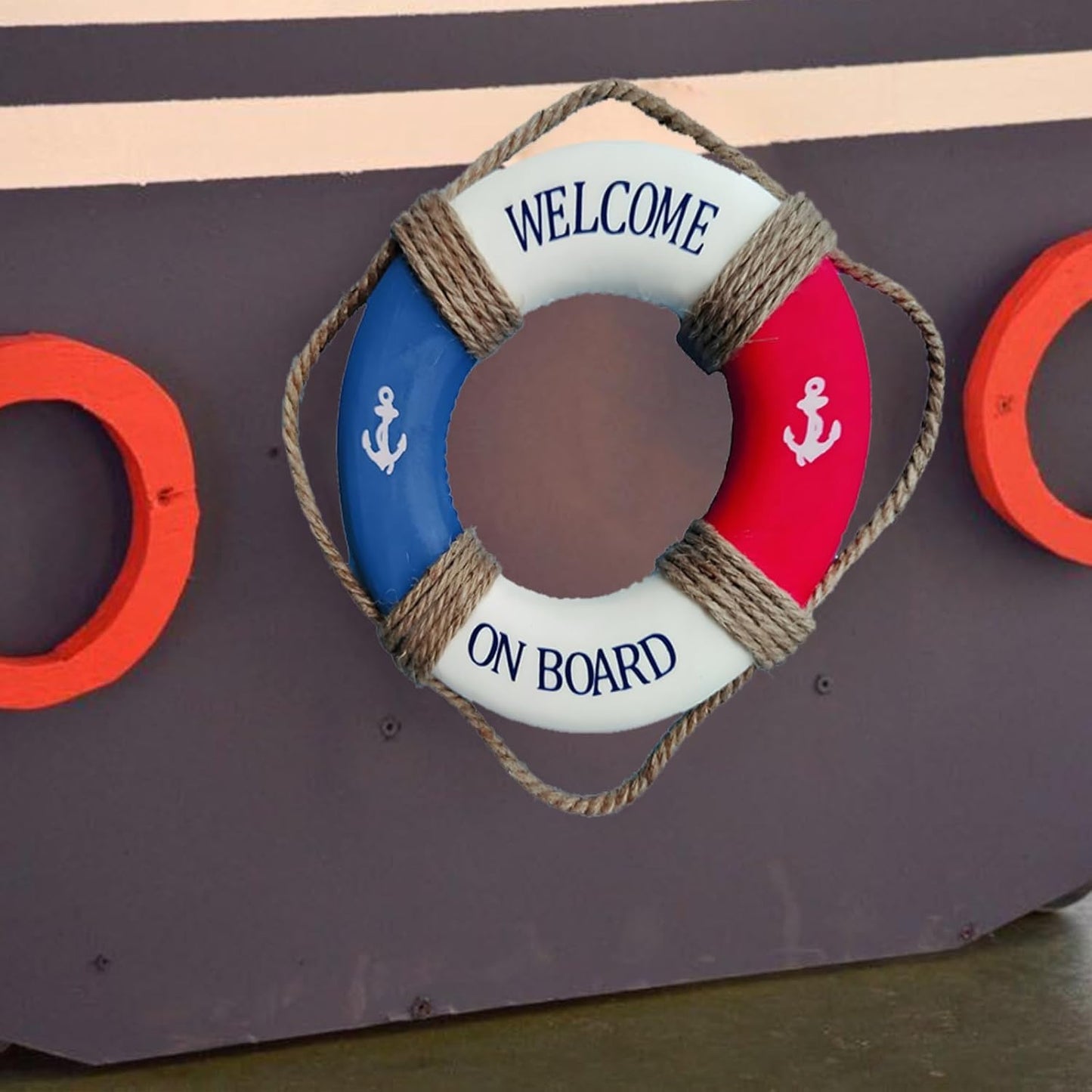 MorroMorn Lifebuoy Wall Hanging Decor - Welcome Aboard Mediterranean Style Home Decoration Hemp Rope (Red, 20")