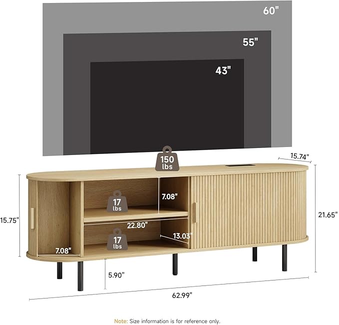 63" TV Stand with Power Outlet, Modern Media Console with Sliding Doors - Image 2