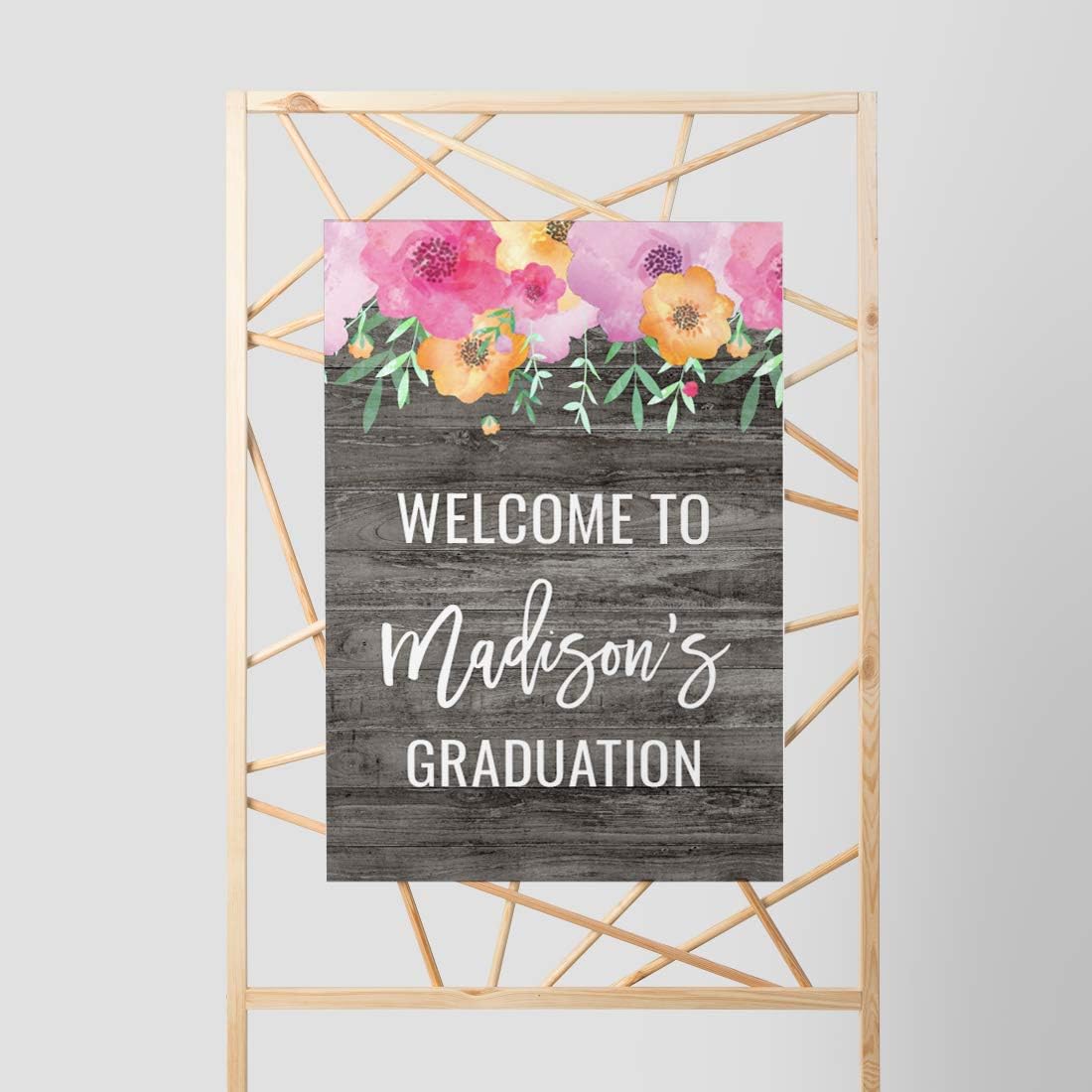 Andaz Press Personalized Extra Large Wedding Easel Board Party Sign, 12x18-inch, Pink Floral Flowers on Gray Rustic Wood, Your Text Here, 1-Pack, Custom
