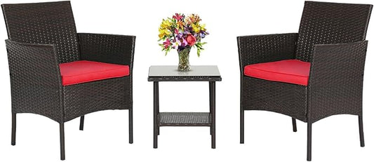 FDW 3 Piece Bistro Conversation Set Patio Brown Wicker Chairs Furniture Outdoor by FDW