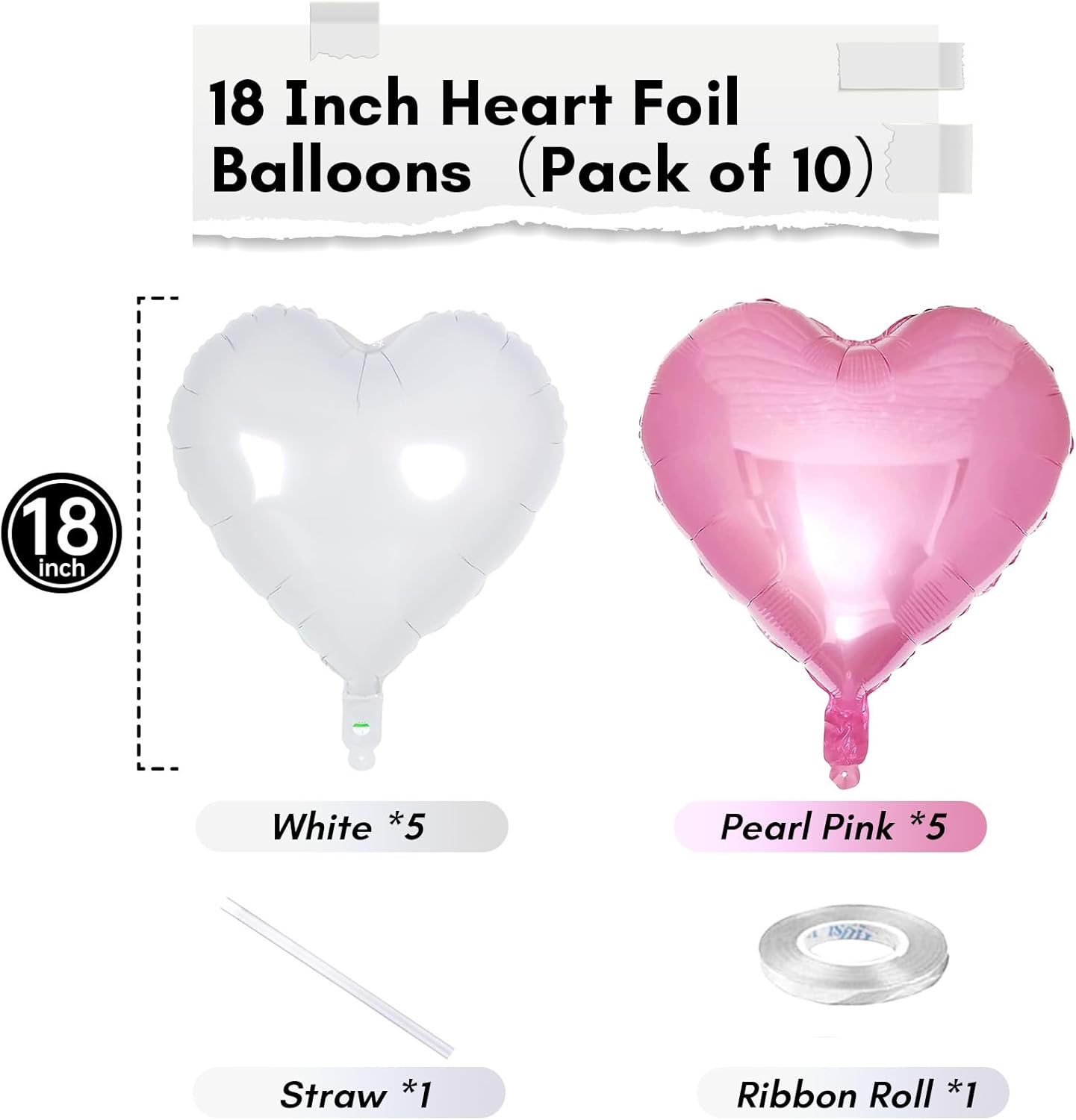 Heart Foil Balloons, 18 Inch White & Pink Heart Shape Mylar Balloons for Valentine's Day, Birthday, Wedding, Baby Shower Party Decoration