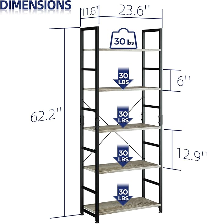 NUMENN 5 Tier Bookshelf, Tall Bookcase Shelf Storage Organizer, Modern Book - Image 3