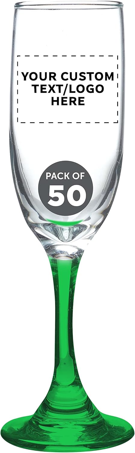 DISCOUNT PROMOS Custom Premiere Champagne Flutes 6.25 oz. Set of 50, Personalized Bulk Pack - Elegant Drinkware for Weddings, Events, & Promotional Gifts - Green