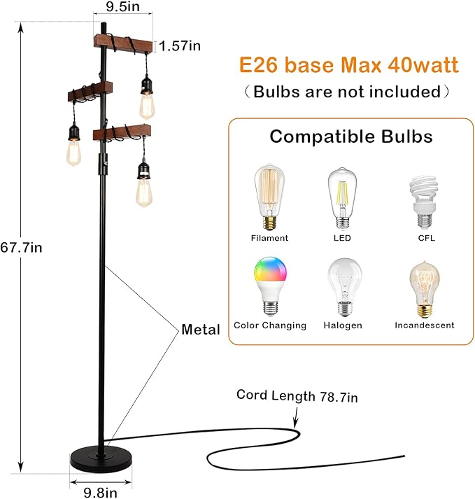 Industrial Floor Lamp, Farmhouse Tree 68 Inch 3 Lights Wood Standing Lamp - Image 5