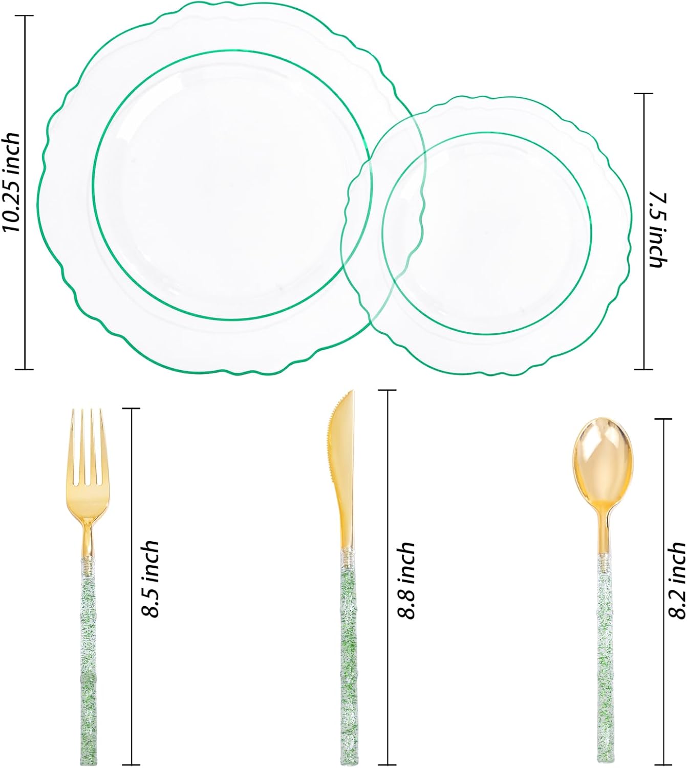 Liacere 150PCS Clear and Green Plastic Plates - Disposable Plates with Glitter Bamboo Handle Cutlery - 60 Baroque Elegant Plates,30Forks,30Spoons,30Knives for St. Patrick's Party