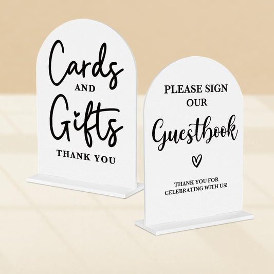 2 Pcs Acrylic Wedding Signs for Ceremony and Reception, Bridal Shower Decorations, Cards and Gifts Signs, Guest Book Sign, Arch Acrylic Table Top Sign with Holder for Wedding Reception (White)
