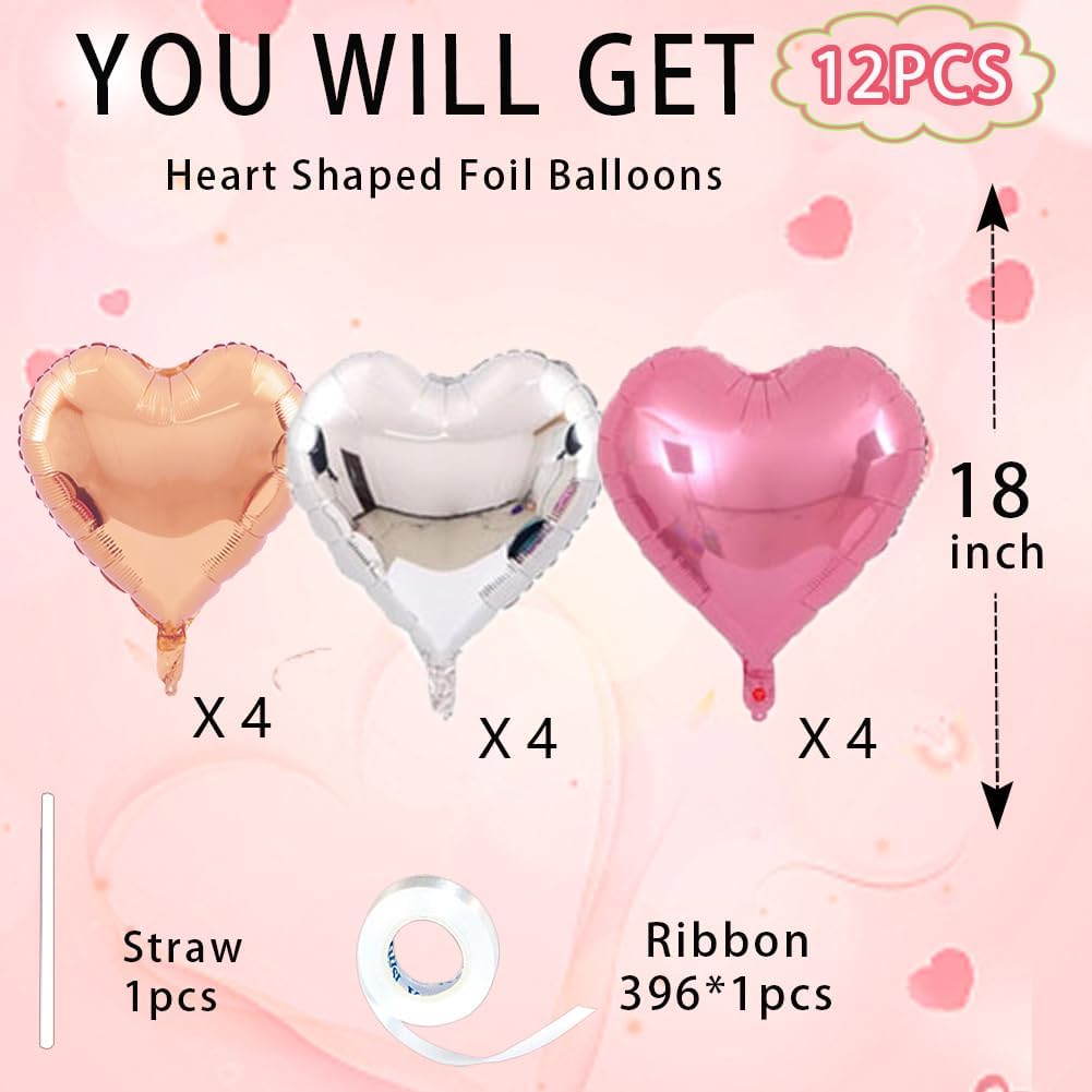 Rose Gold & Silver Heart Balloons，18 Inch Light Pink Foil Love Heart Shaped Balloons for Birthday Party Bridal Engagement Wedding Anniversary Baby Shower Valentines Decorations 12Pcs