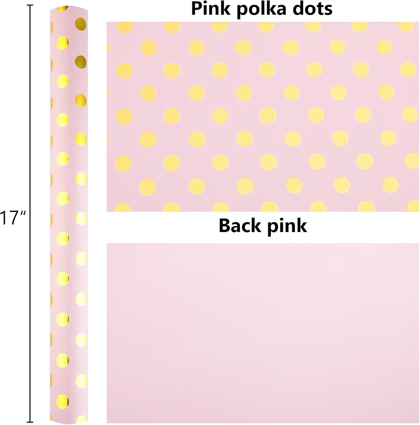 Burymento Pink and Gold Dots Wrapping Paper, Reversible Pink Gift Wrap for Birthday, Valentines, Mothers day, Graduation, Wedding, Fathers day, Baby Shower, Christmas (17in x 32.8ft)