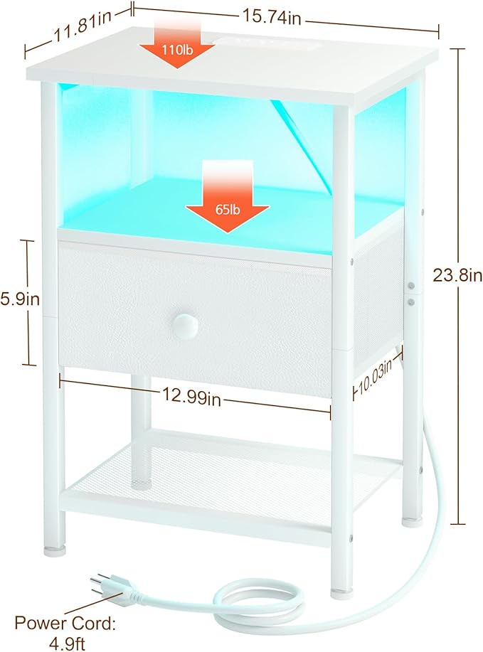 LOAKEKEL LED Night Stand with Charging Station, Small Bedside Table with USB - Image 7