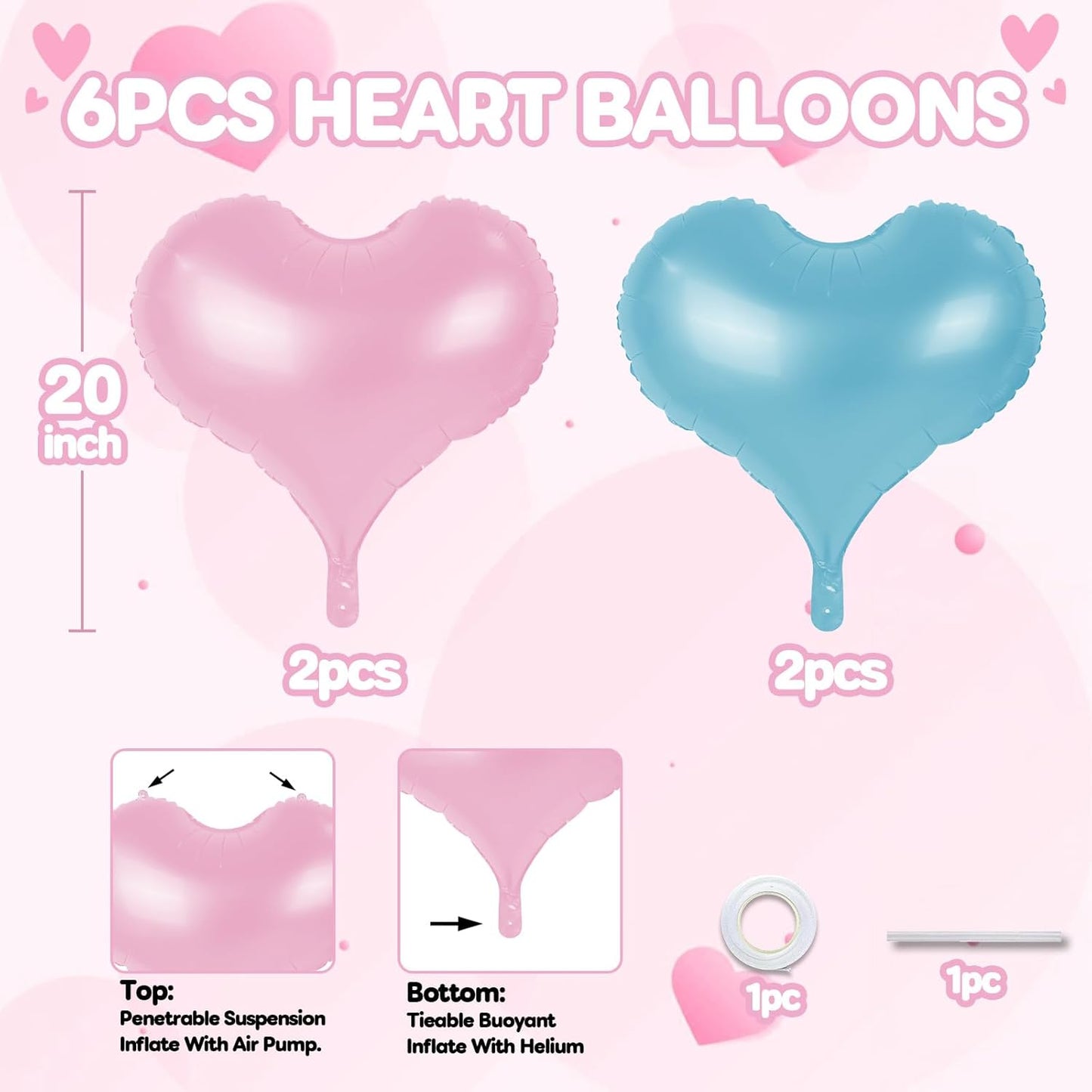 24 Inch Pink Blue Heart Balloons, Baby Pink Heart Shaped Foil Balloons,Pastel Blue Helium Balloon for Kids Gender Reveal Valentines Day Baby Bridal Shower Wedding Birthday Party Decorations