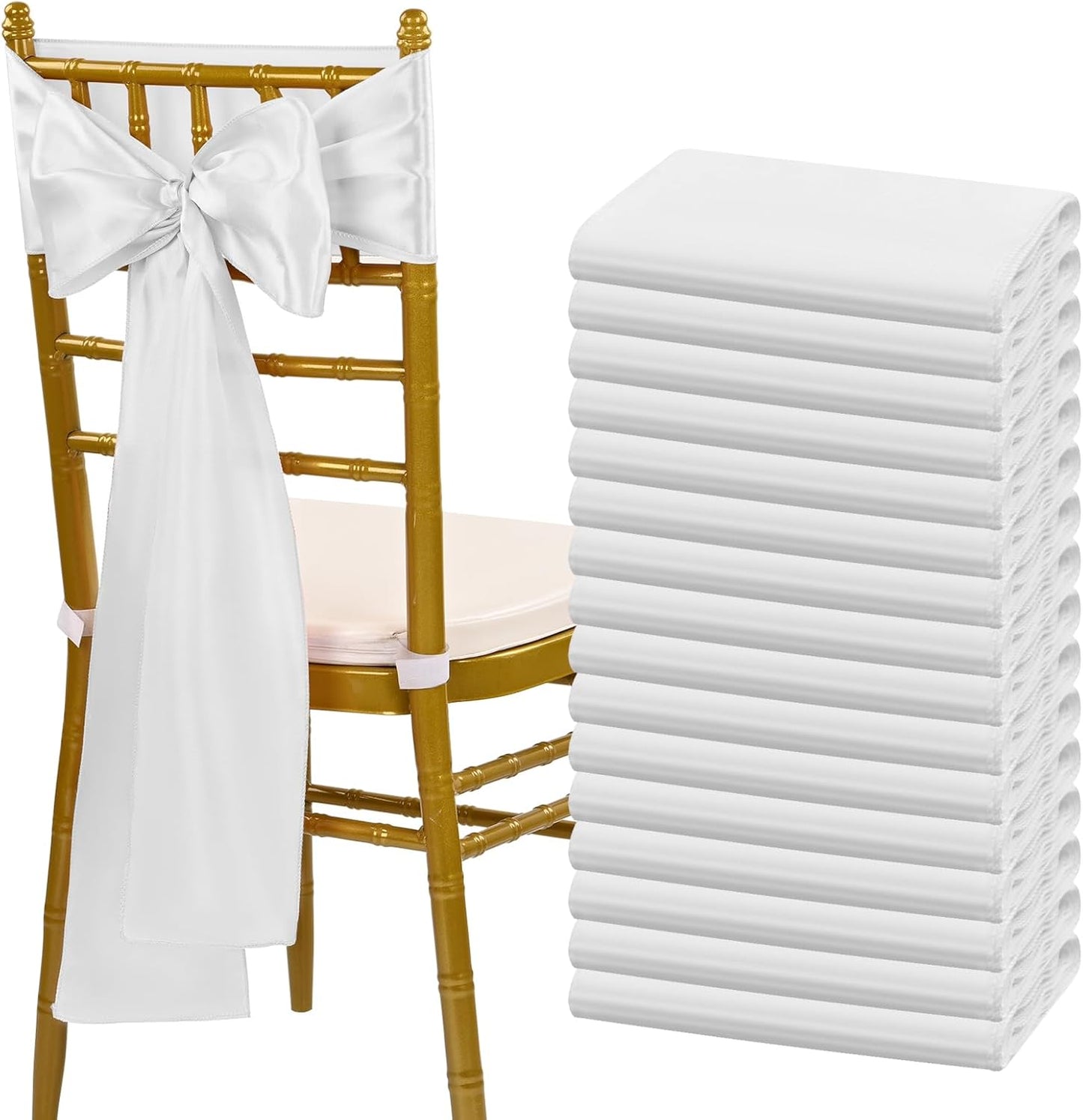 fani 60 PCS White Satin Chair Sashes Bows Universal Chair Cover for Wedding Reception Restaurant Event Decoration Banquet,Party,Hotel Event Decorations (7 x 108 inch)