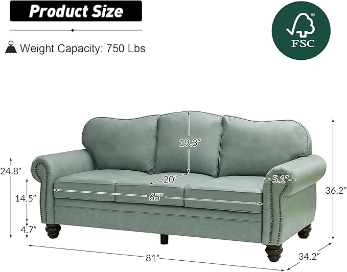 81" Genuine Leather Sofa, Classic 3-Seater Couchs - Image 2