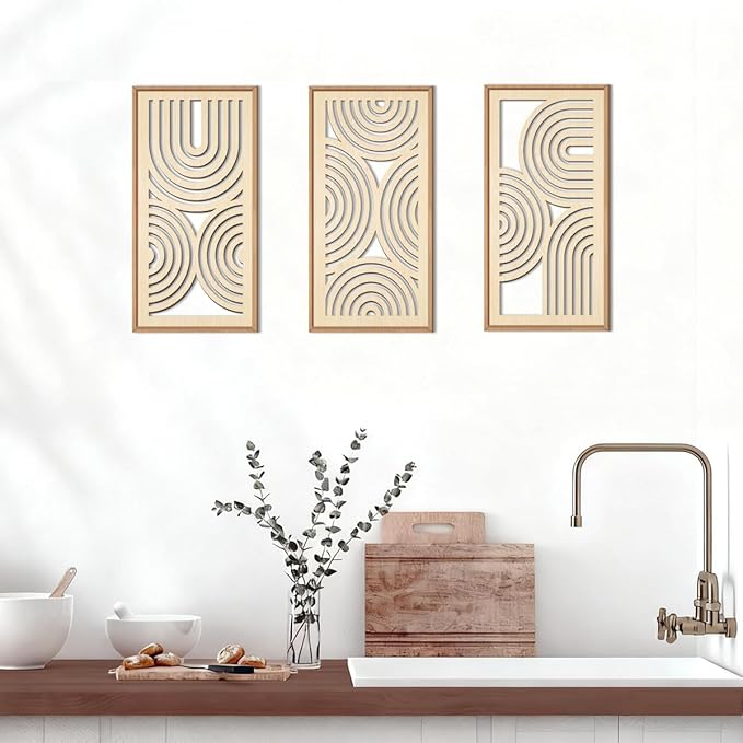 IARTTOP Boho Wooden Framed Wall Art Set of 3 Mid-century Modern Wood Wall Decor - Image 5