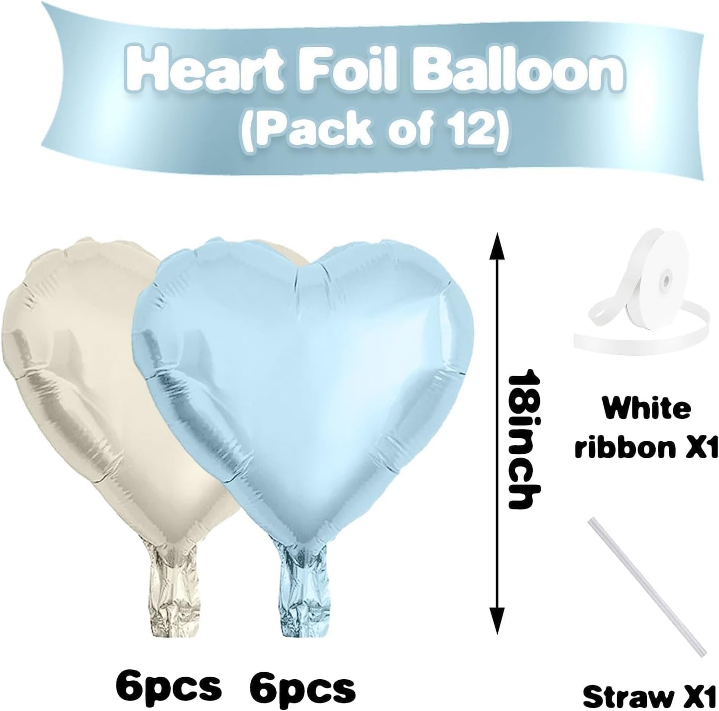 Baby Blue White Heart Balloons,12Pcs 18 Inch Blue Cream Foil Love Heart Shaped Balloons for Baby Shower Table Decor Birthday Party Bridal Engagement Wedding Anniversary Valentines Day Decorations