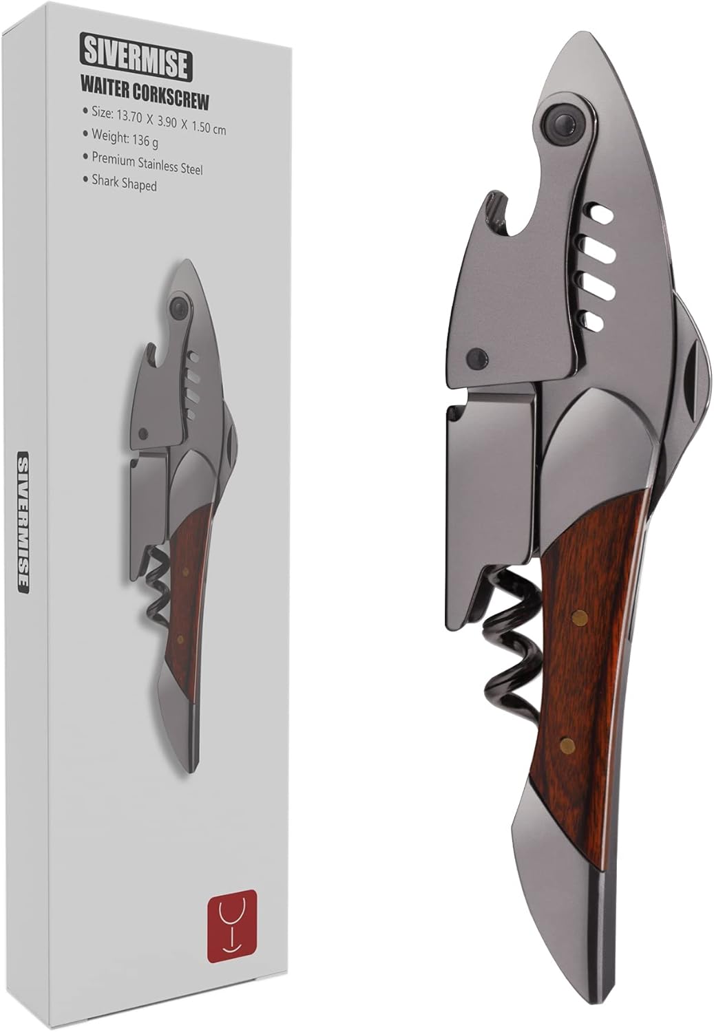 Waiters Corkscrew, Wine Bottle Opener, Heavy Duty Stainless Steel, Rosewood Handle, Shark Shaped Wine Key, Gift for Waiters, Bartenders, Sommelier