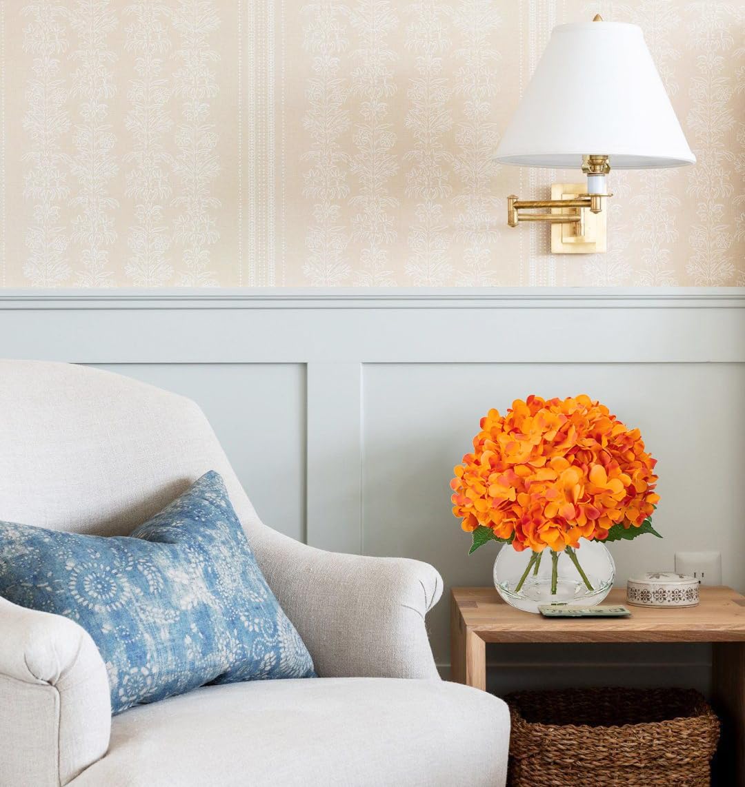 Hollyone Hydrangea Artificial Flowers in Vase Orange Silk Fake Flowers Arrangements with Glass Vase with Faux Water Faux Floral Bulk Bouquet for Office Table Centerpiece Shelf Home Decoration