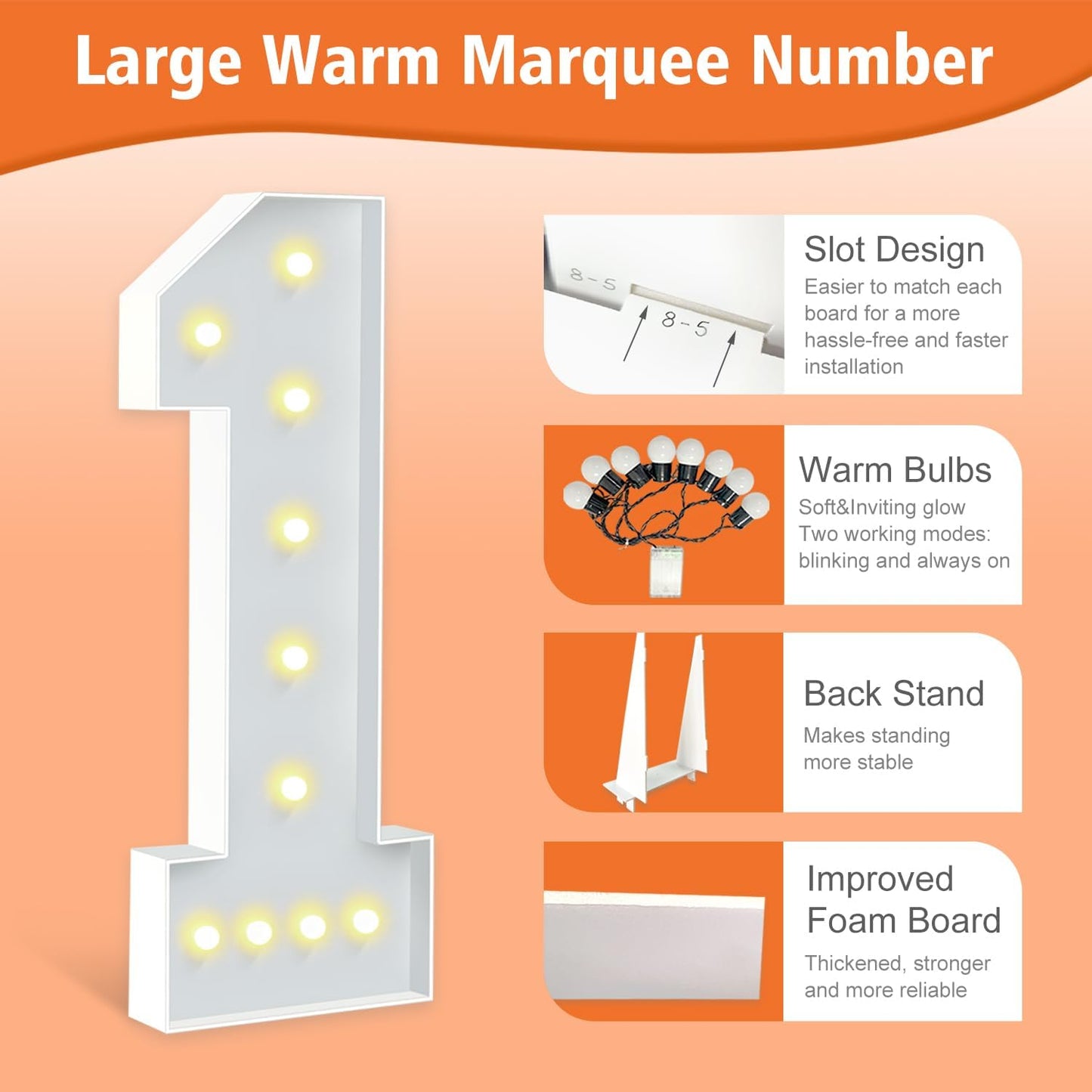 4FT Marquee Light Up Numbers, LED Giant Mosaic Numbers 1 for Balloons 1st 12th 16th Birthday Backdrop Baby Shower Anniversary Decorations Party Wedding Decor, Pre-Cut Foam Frame Kit