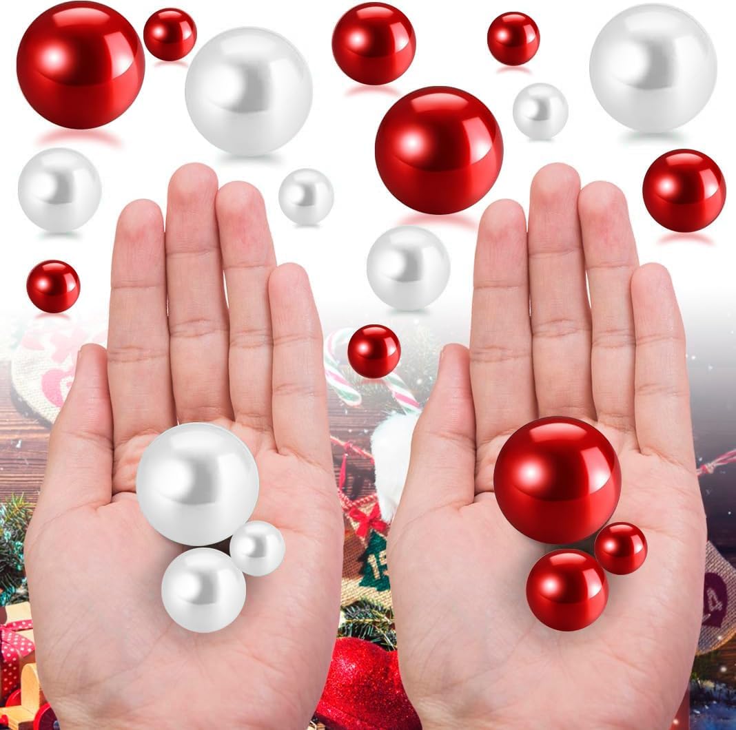 150Pcs Red&White Polished No Hole Pearl Beads Vase Filler, Christmas Vase Filling Decorations, Plastic Pearls, Table Scatters, Wedding Home Decor, 8/14/20 mm