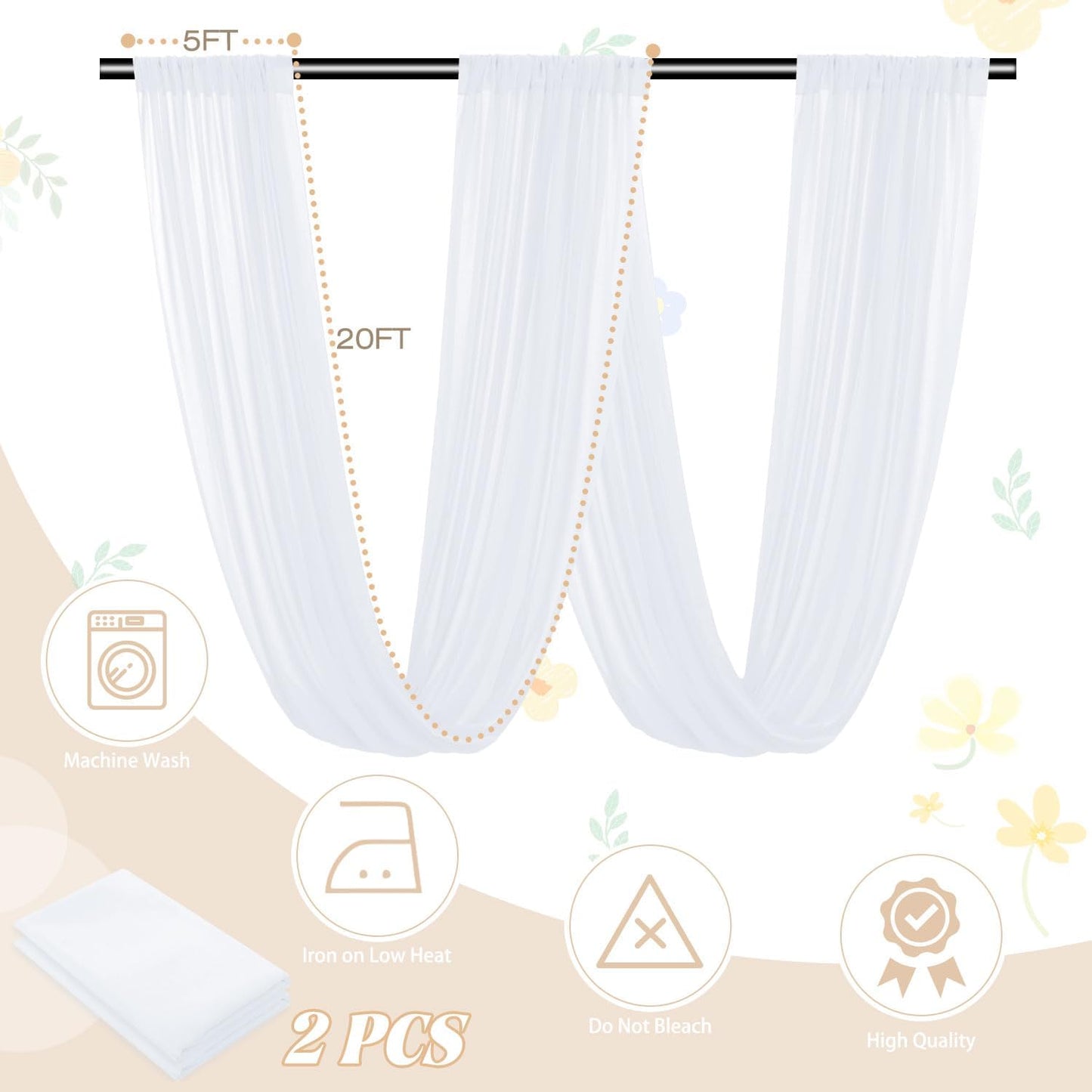 Ceiling Drapes Wedding Arch Draping Fabric White 5FTx20FT 2 Panels Arch Decorations for Ceremony Chiffon Drapery for Arbor Chiffon Backdrop Voile Sheer Curtains for Party Tent Ceiling Drape Outdoor