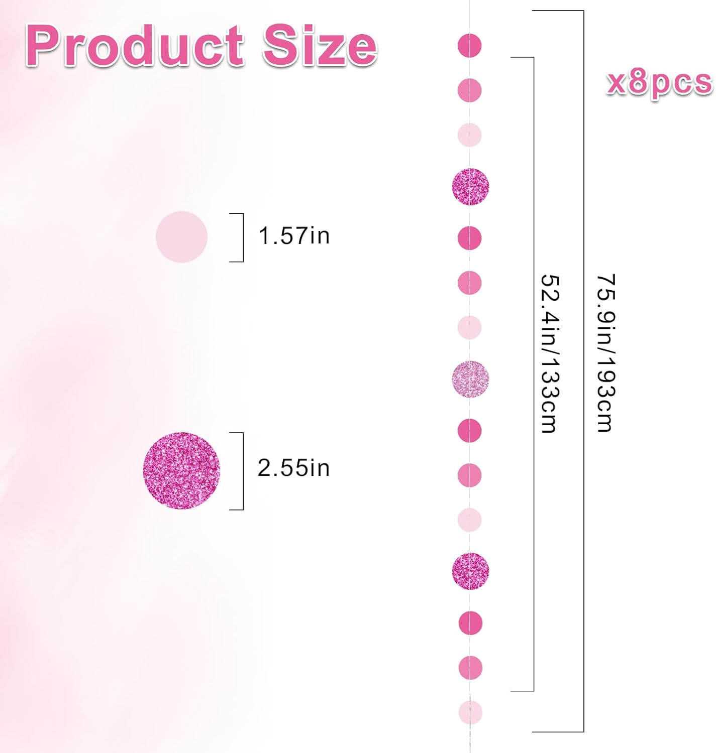 8 Pack Pink Glitter Dot Garland, Hanging Circle Streamers Banner, Backdrop Hanging Decorations for Bridal Showers, Baby Showers, Valentine’s Day, Birthdays, and Romantic Celebrations