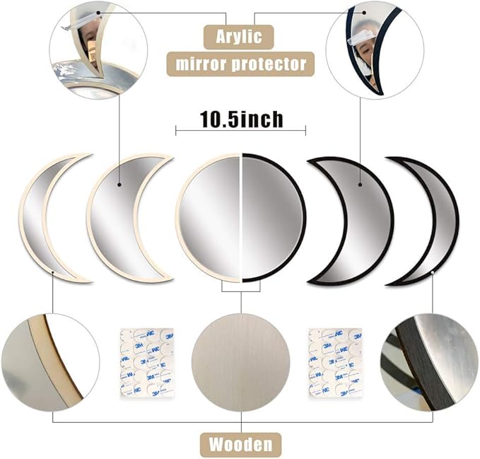MAXROCK Moon Phase Mirror Set, 5 Piece Scandinavian Natural Decor Wall - Image 6