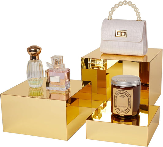 3 Pcs Acrylic Risers for Display, Acrylic Cube Boxes Gold Risers Food Display Risers Stand Shelf for Catering Dessert Collectibles Jewelry Figures Party (Gold 3pc)