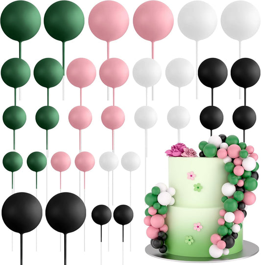 ASTARON 32 Pcs Ball Cake Topper Decorations Mini Balloons Birthday Cake Toppers Foam Balls Sticks Witch Themed Party Decorations Witch Party Cake Picks Decorations (Pink Green Black)