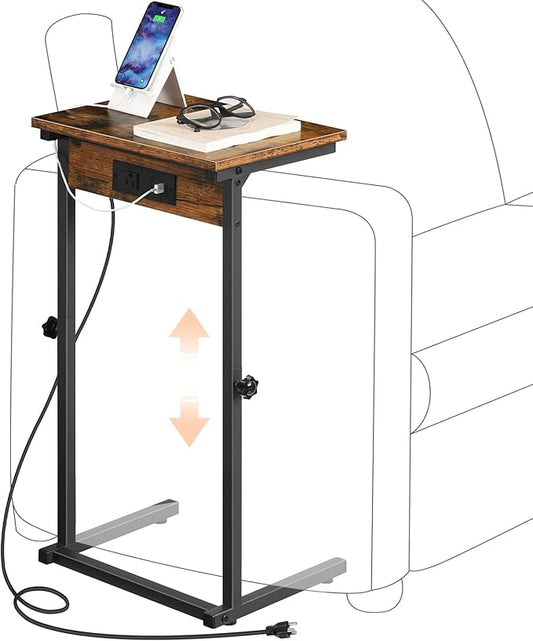 HOOBRO C-Shaped End Table with Charging Station, Adjustable Height Sofa Tray by HOOBRO