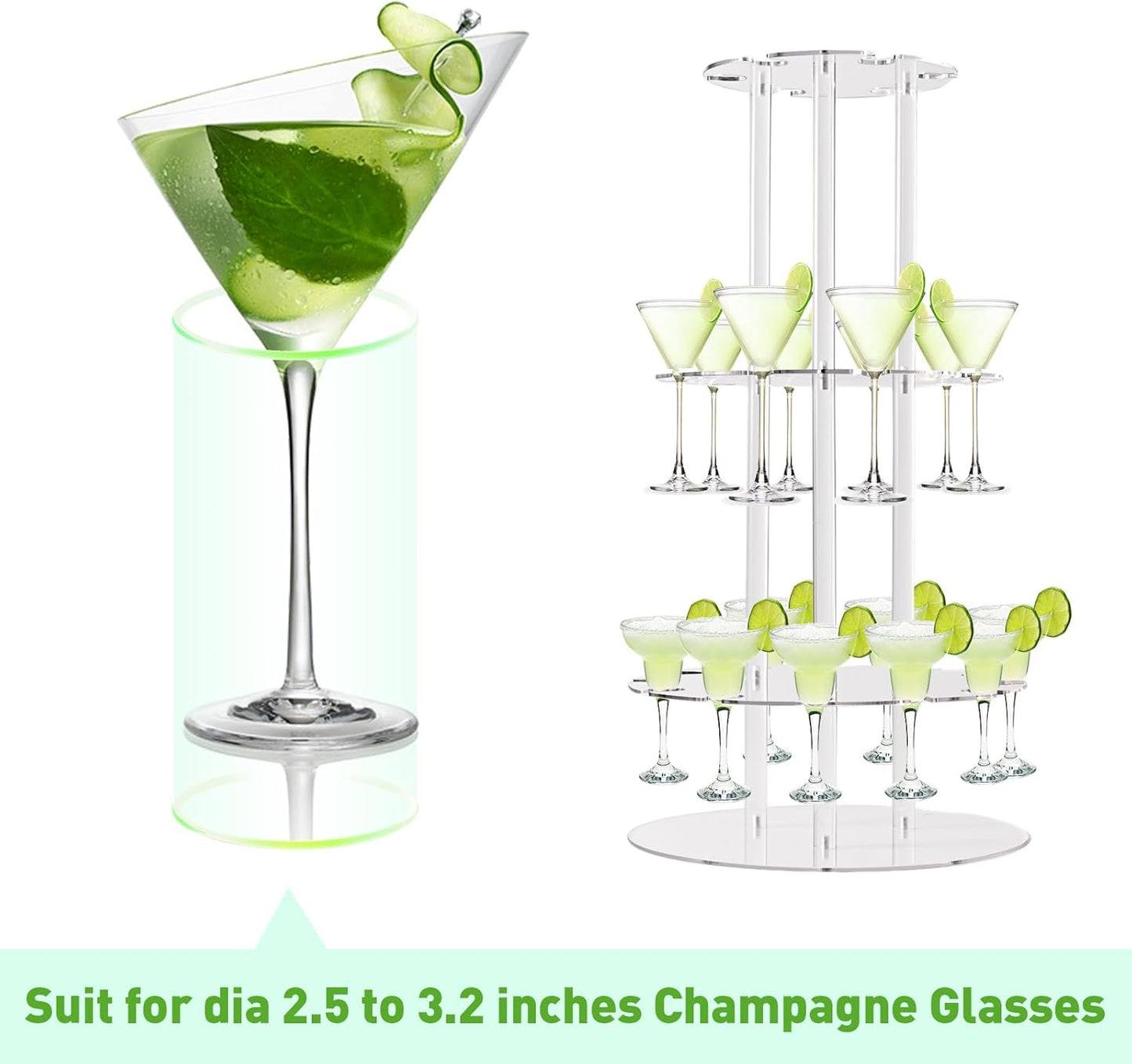 Champagne Tower, Circle Acrylic Champagne Display Rack Stand with 28 Slots, 3 Tier Floating Sight Champagne Flute Holder for Party, Wedding, School, Celebration, 13.4x13.4x25.5 inch, 2Pcs