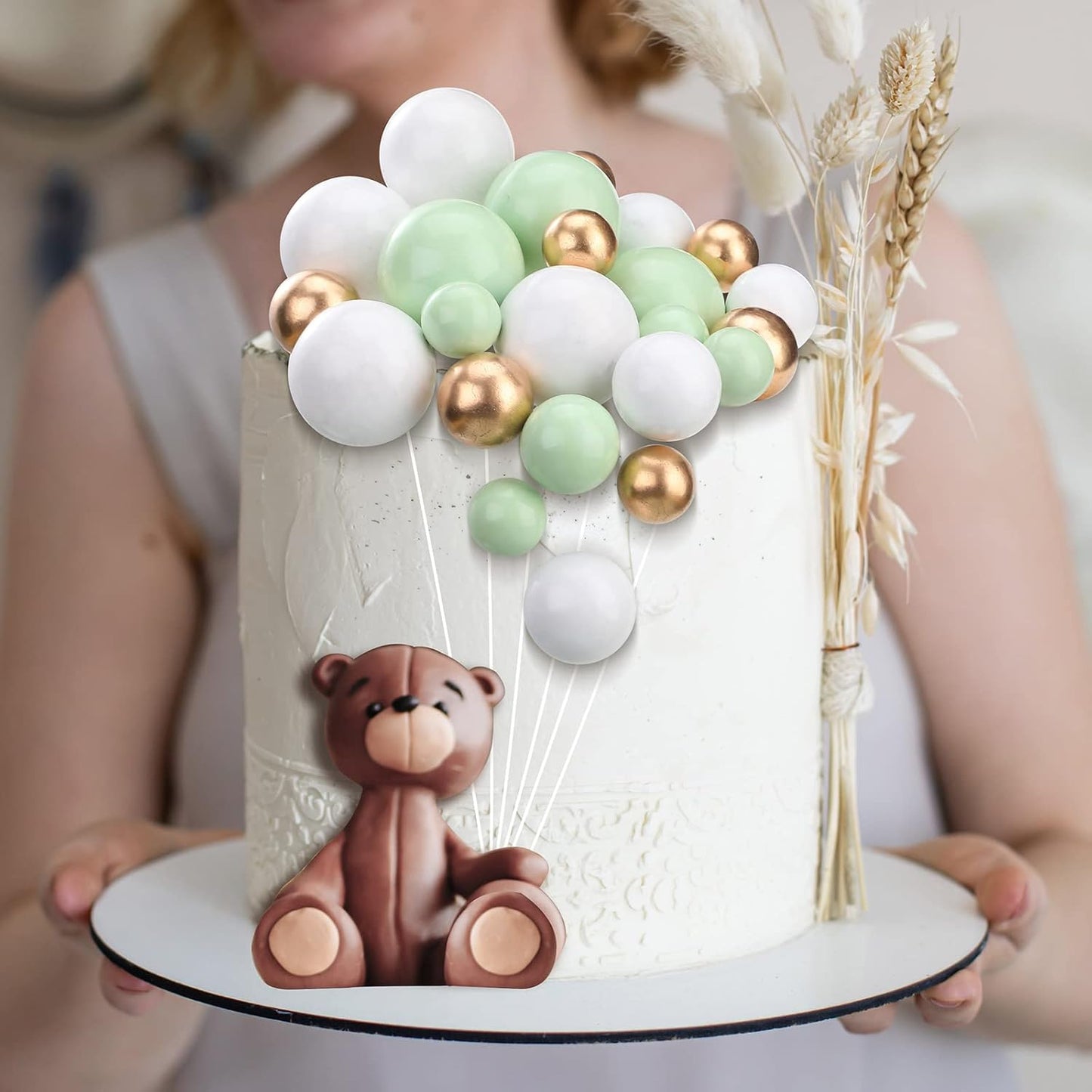 108 Pcs Balls Cake Topper DIY Cupcake Insert Foam Balloons for Cake Baking Wedding Anniversary Birthday Decoration(White, Green, Gold,Multi Sizes)