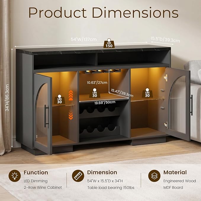 Wine Bar Cabinet 54", Arched Glass Doors, Wine Rack, Adjustable Shelves - Image 2