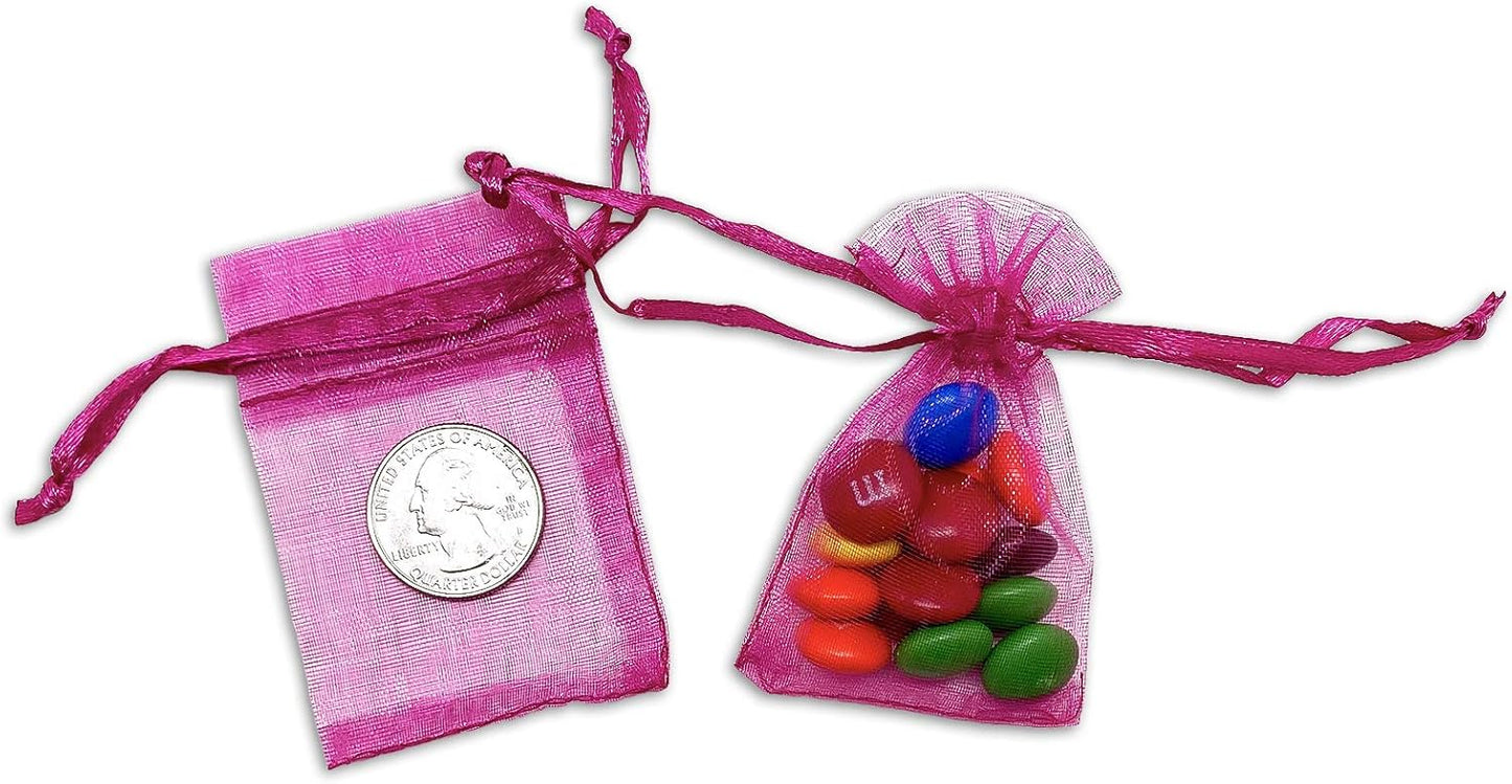 TheDisplayGuys 100-Pack XS 2 x 2 3/4" Hot Pink Sheer Organza Gift Bags with Drawstring, Jewelry Candy Treat Wedding Party Favors Mesh Pouch